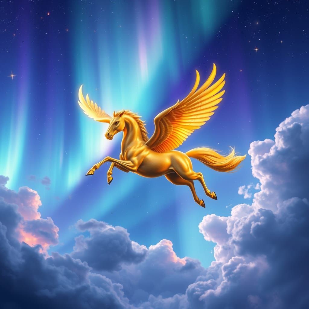 Majestic Golden Pegasus in Vibrant Aurora Borealis