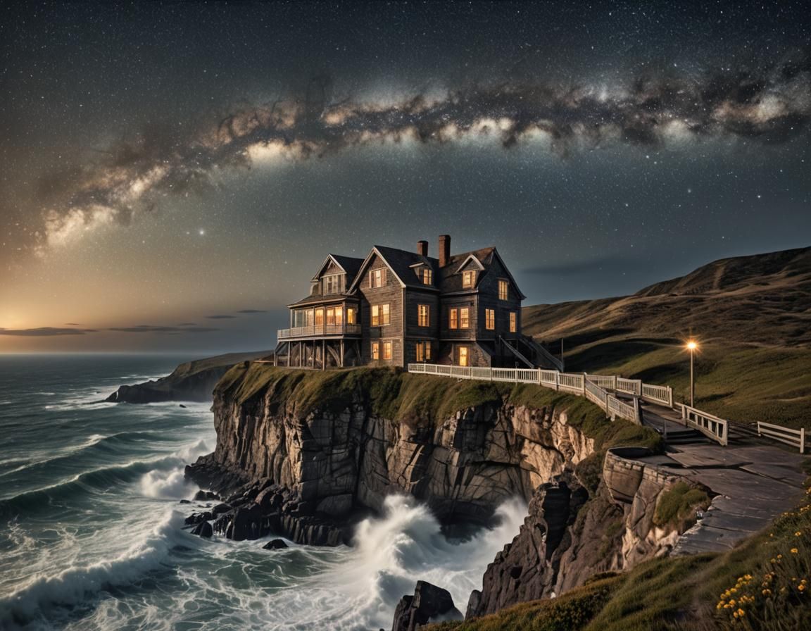 Hyperrealistic Cliffside House Under the Stars