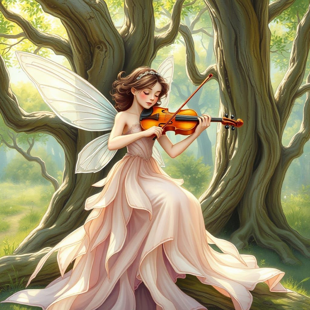 Ethereal Fairy Plays Violin in Whimsical Forest Glade