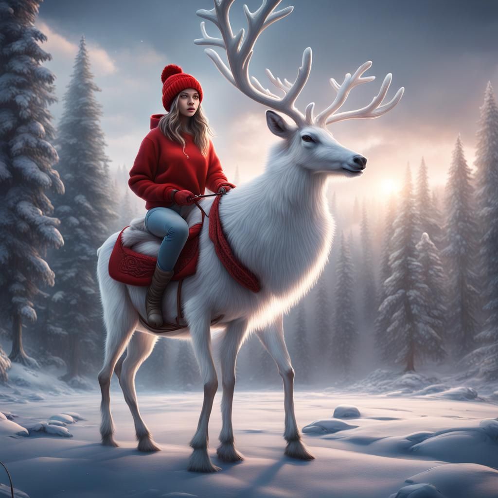 Girl Rides Reindeer in Winter Wonderland, Digital Art