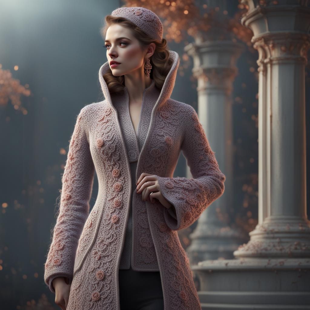 Elegant Knit and Crochet Coat in Detailed Digital Painting