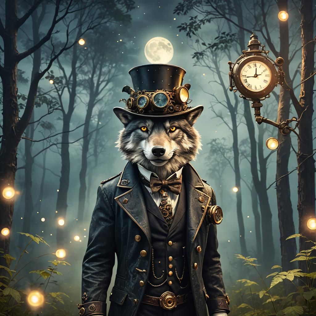 Steampunk Wolf in Moonlit Forest