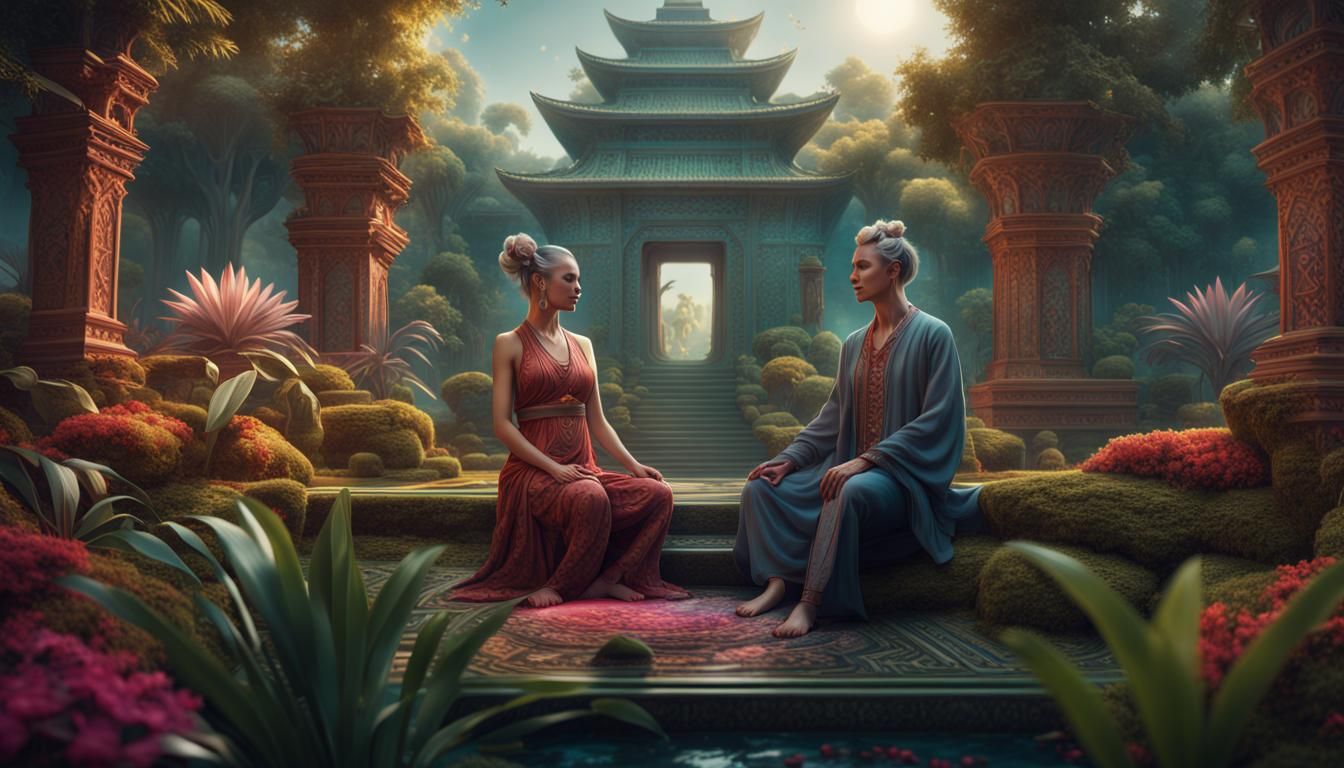 Couple Meditating in Exotic Garden: Fantasy Concept Art