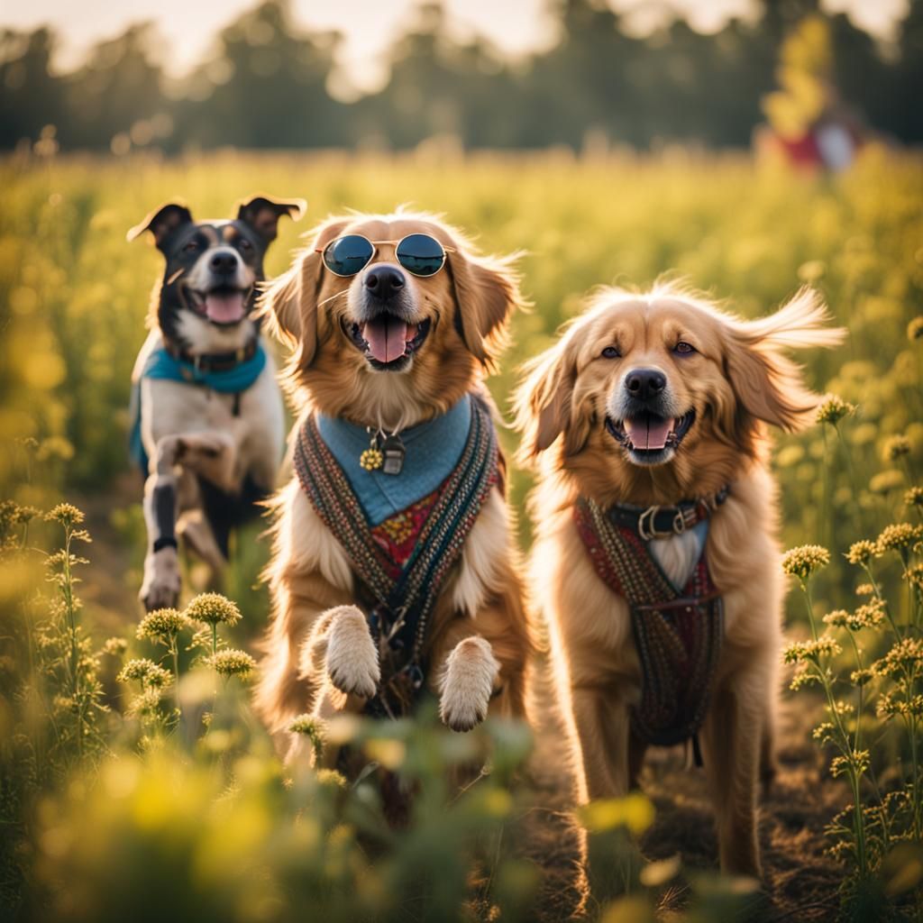 Dancing Hippie Dogs in a Field: Professional Photo