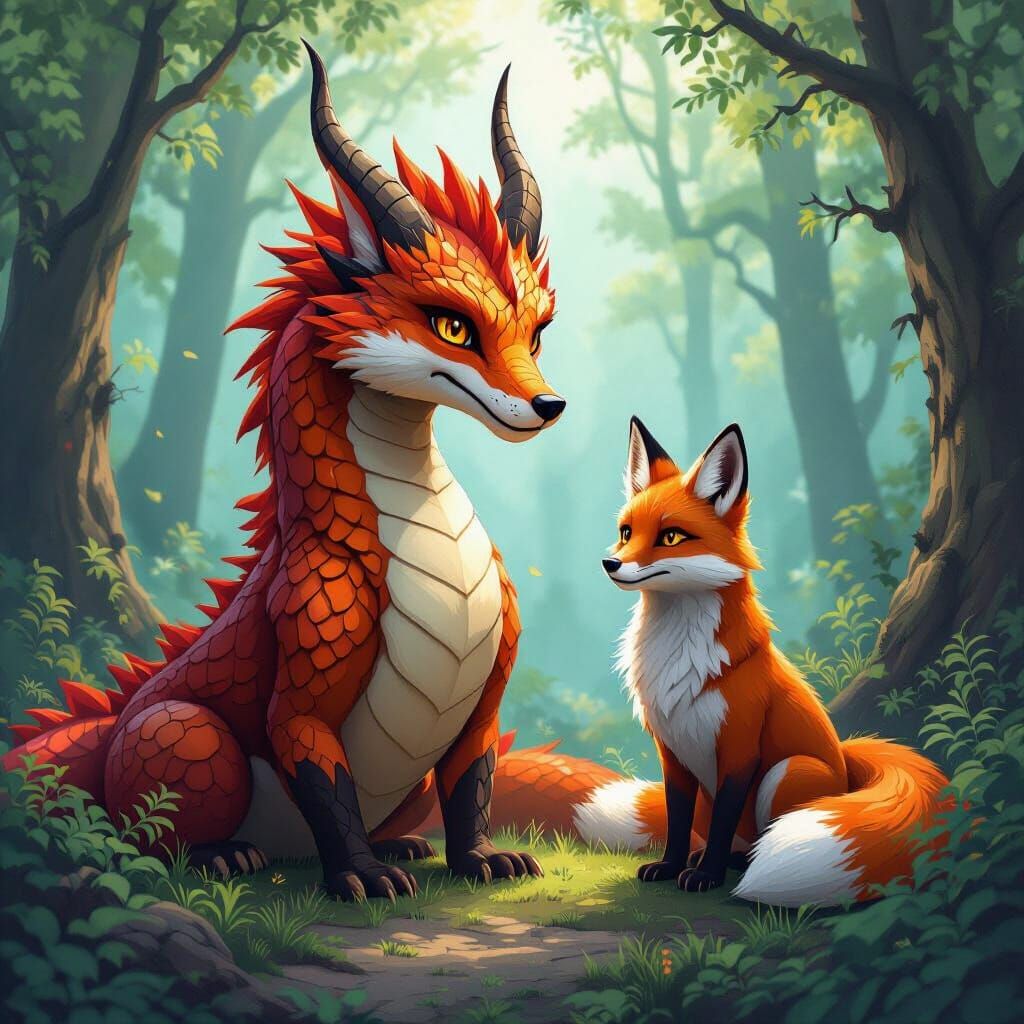 Mystical Dragon-Fox Hybrid in Vibrant Fantasy Forest