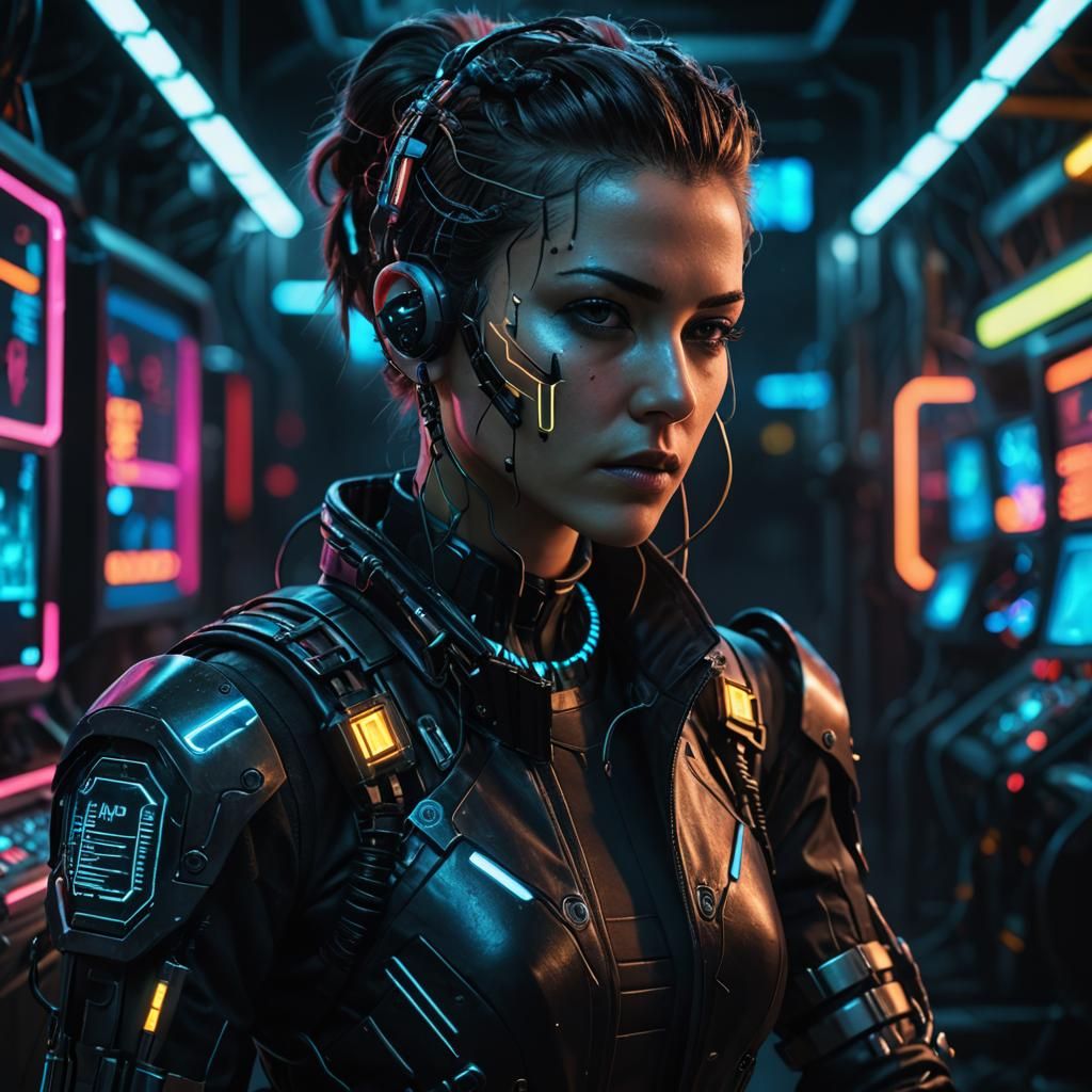 Cyberpunk Decker Hacking Terminal in Neon-lit City