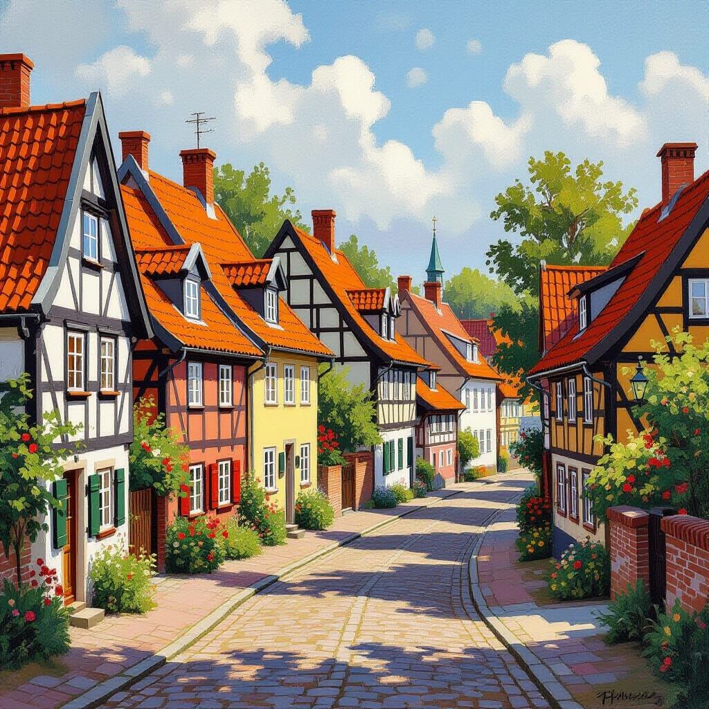 Charming Danish Village Scene in Naive Art Style