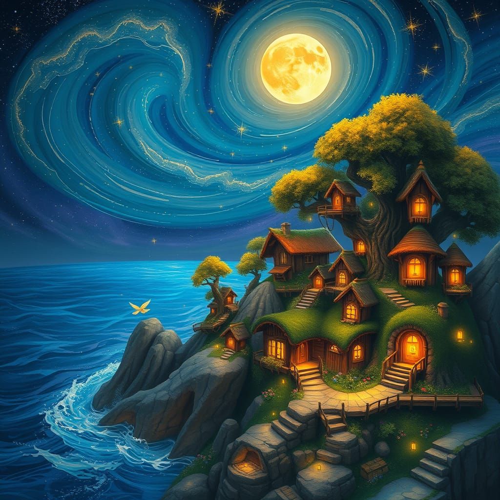 Whimsical Fairy Village Amidst Celestial Wonders