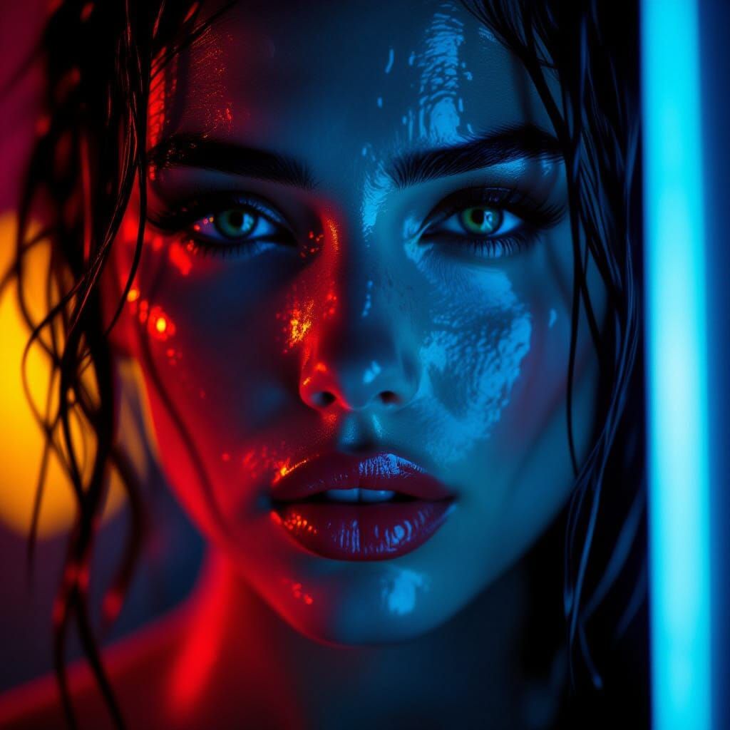 Dramatic Close-Up Portrait with Neon Lighting