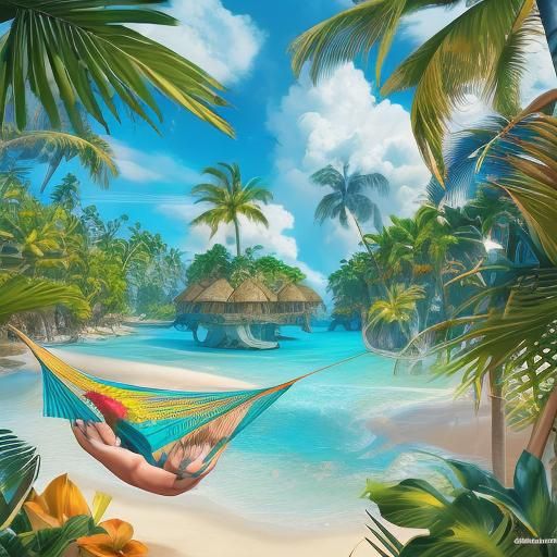 Tropical Island Sticker in 2D Vector Style