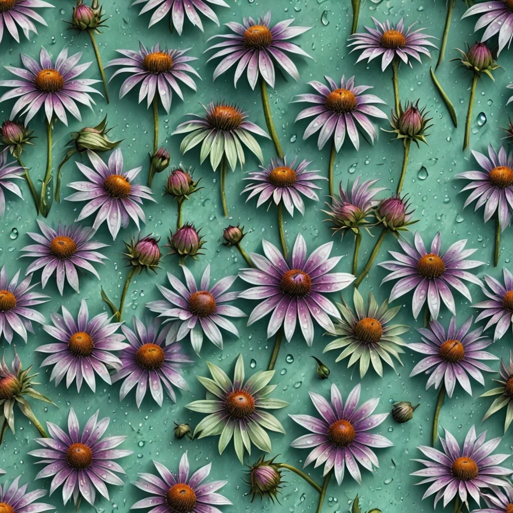 Digital Seamless Paper, Numerous Small 3d Purple Coneflower Flowers with large dew drops on petals, Glistening 3d Sea ...