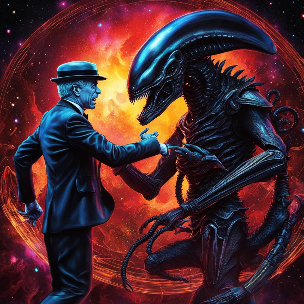 Chaplin vs Xenomorph: Cosmic Holographic Illustration