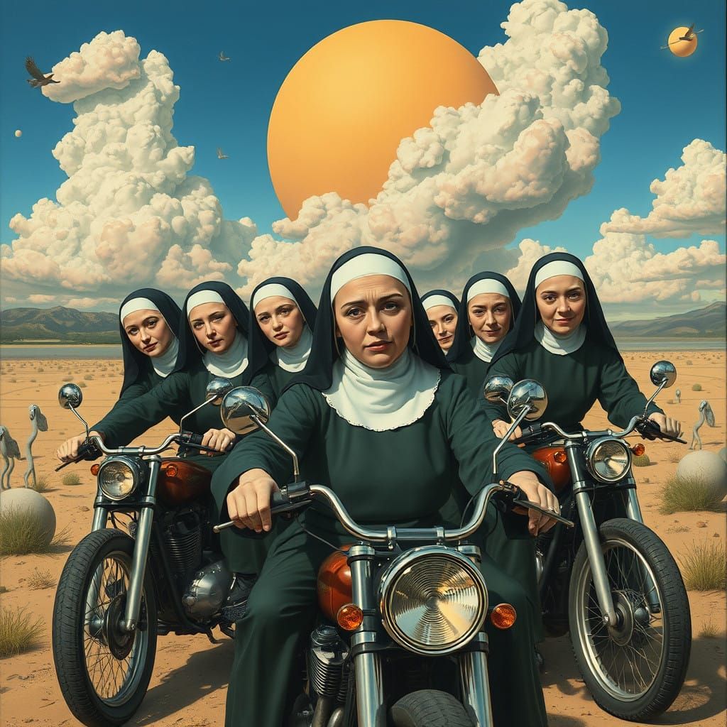 Rough Nun Biker Gang in a Dystopian Surreal Dream