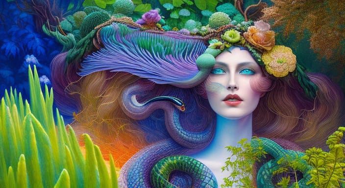 Serpentine Woman in Mycelium Network: Digital Art