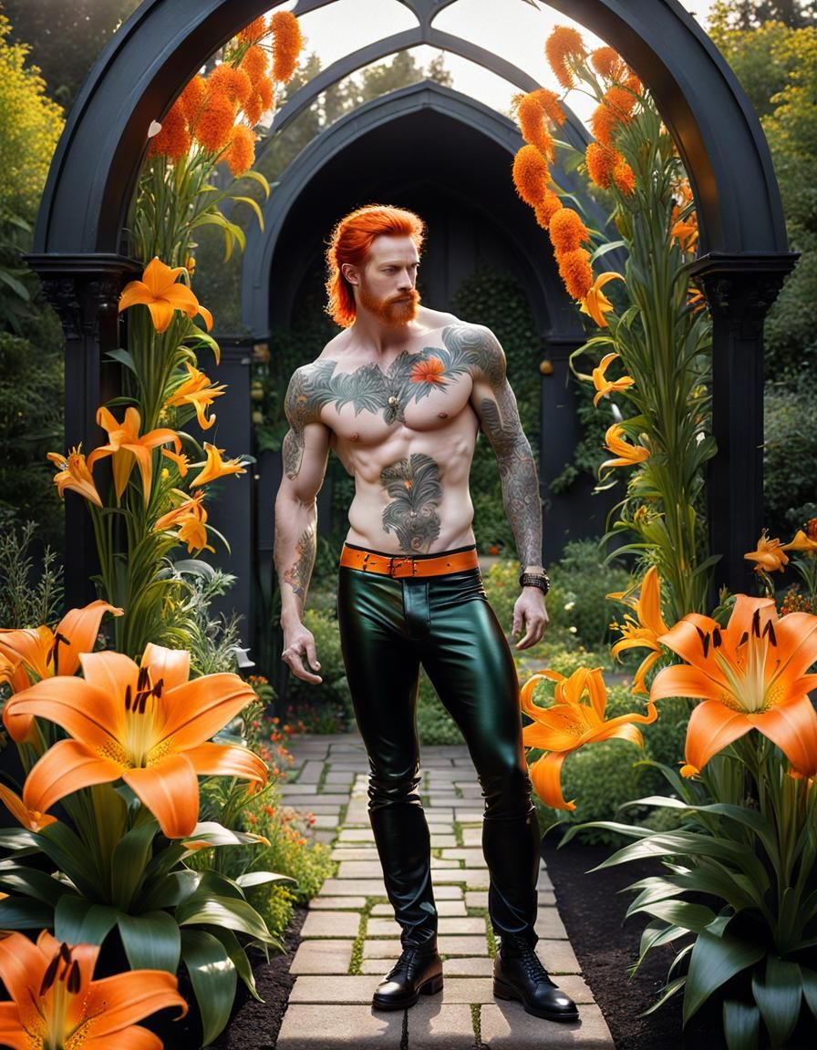 Ginger Man Waters Flowers in Gothic Garden