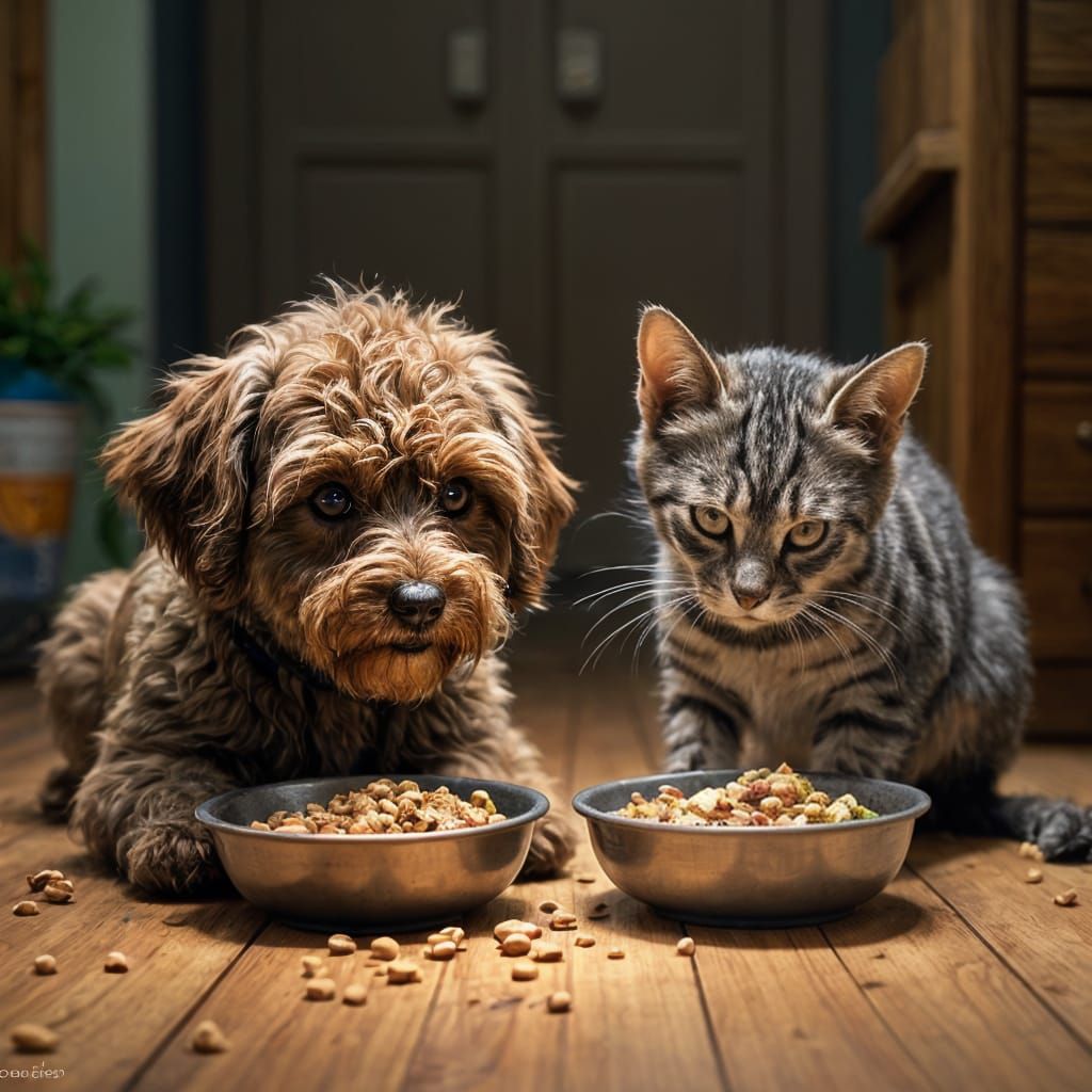 Hyperrealistic Poodle and Tabby Dinner Scene