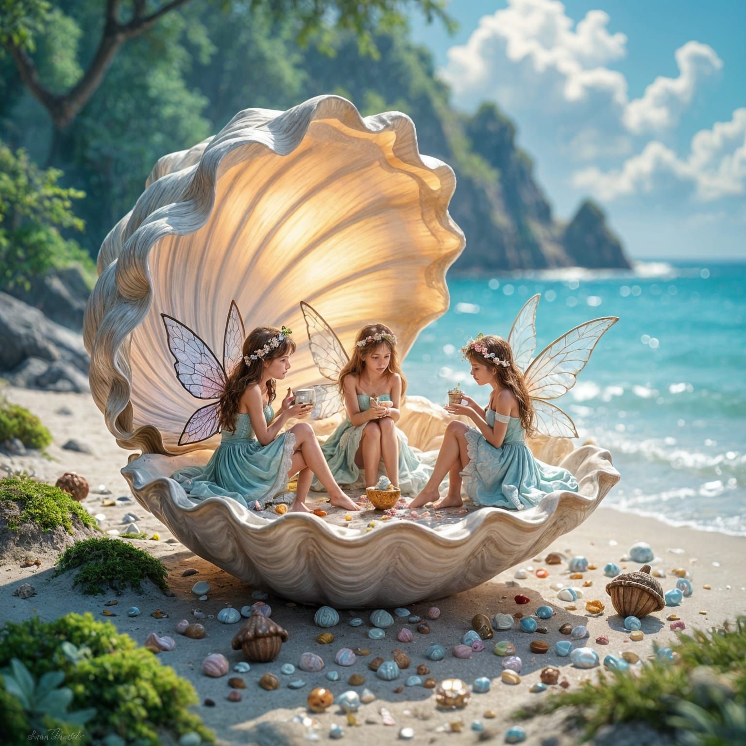 Whimsical Fairy Tea Party in Iridescent Seashell