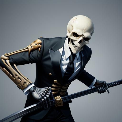 Skeleton in Suit with Katana: Hyperrealistic Concept Art