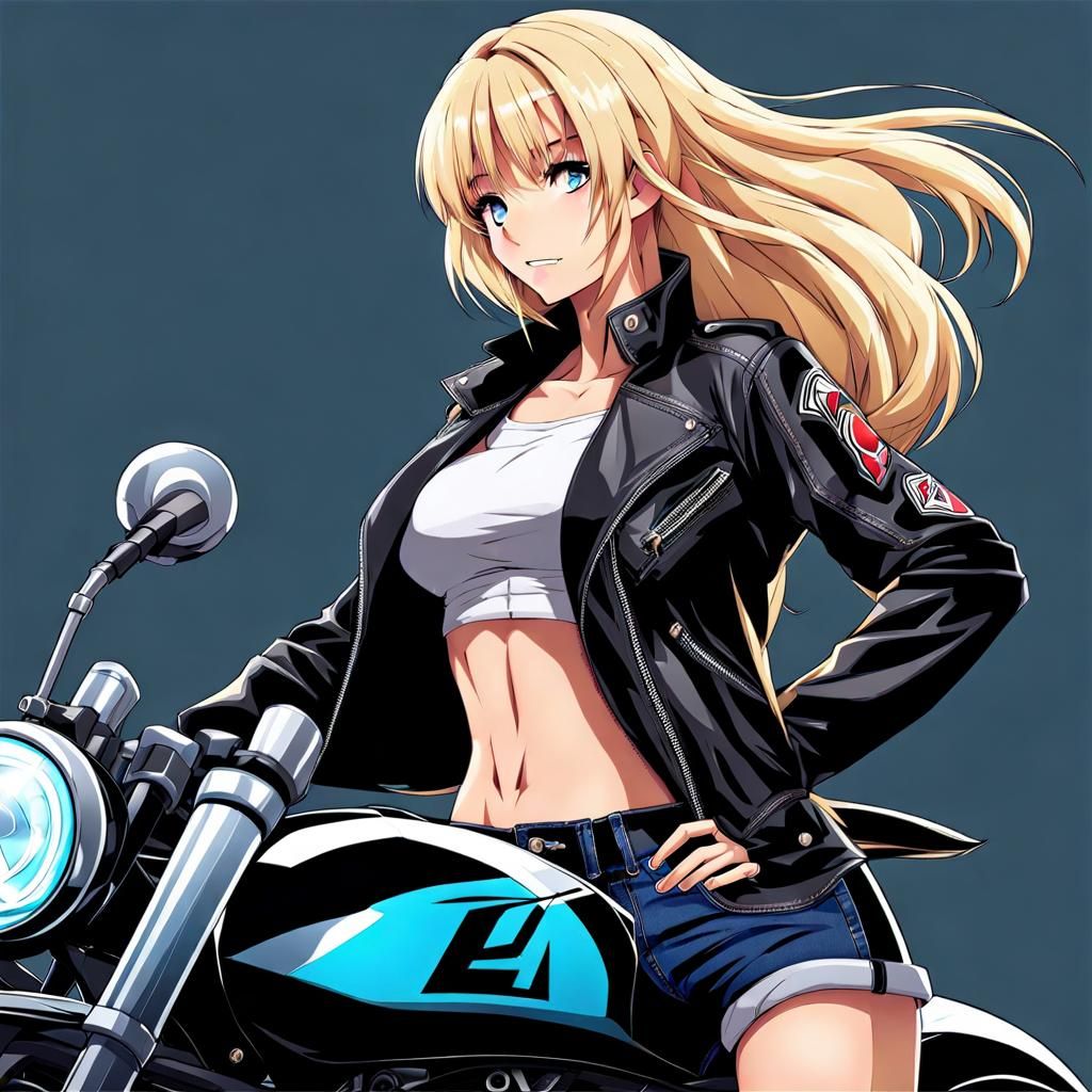 Anime Girl on Sports Bike in Leathers