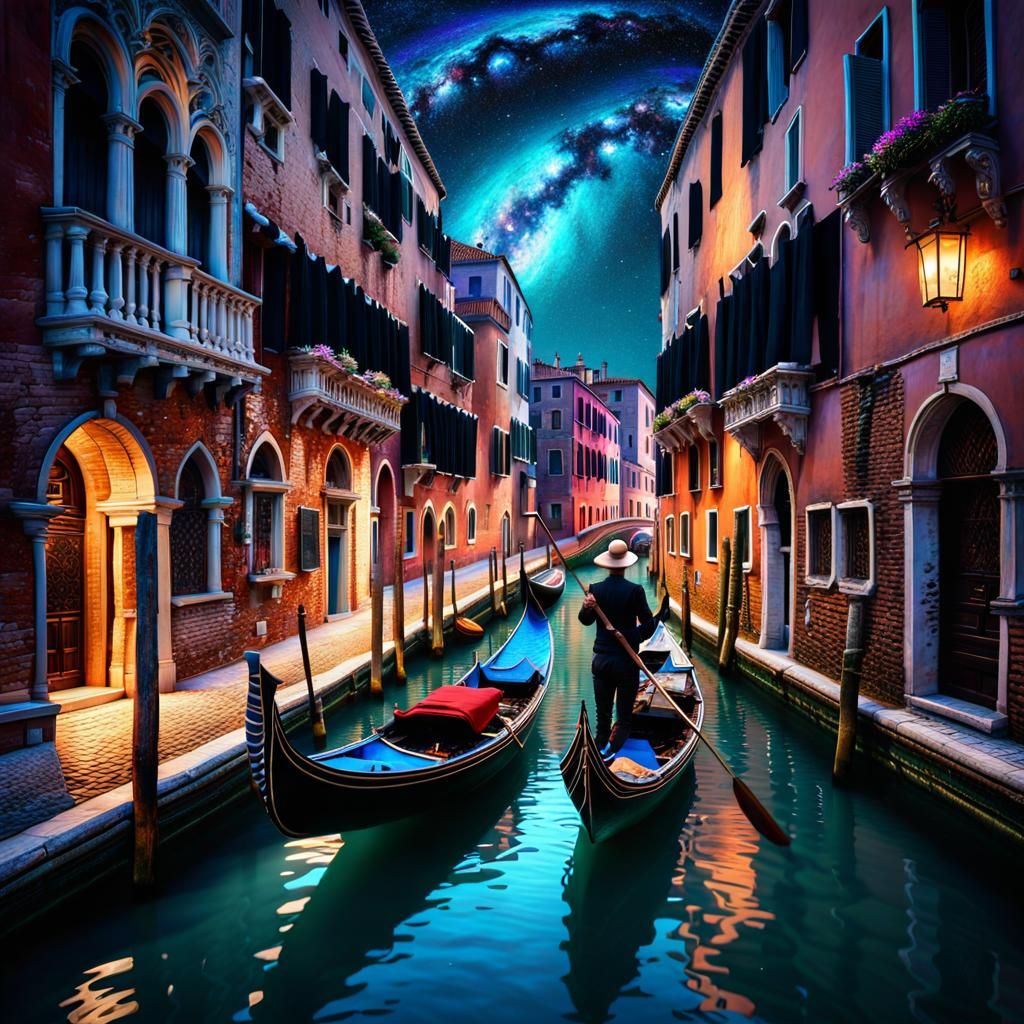 Venetian Gondolier on Bioluminescent Canal at Night