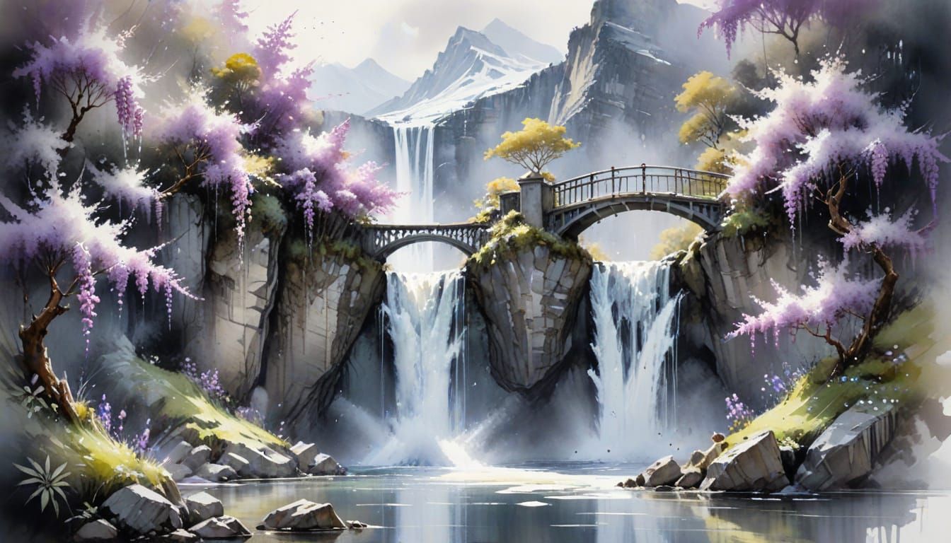 Bichromatic Waterfall in Snowy Mountains