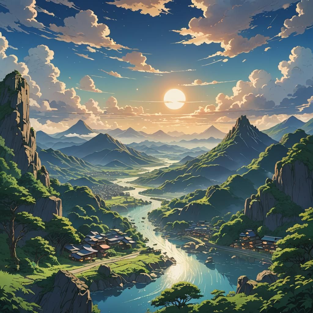 Anime Landscape Inspired by Studio Ghibli and Shinkai