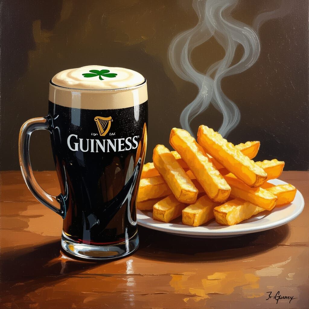 Guinness and Fish & Chips in Oil Paint Style