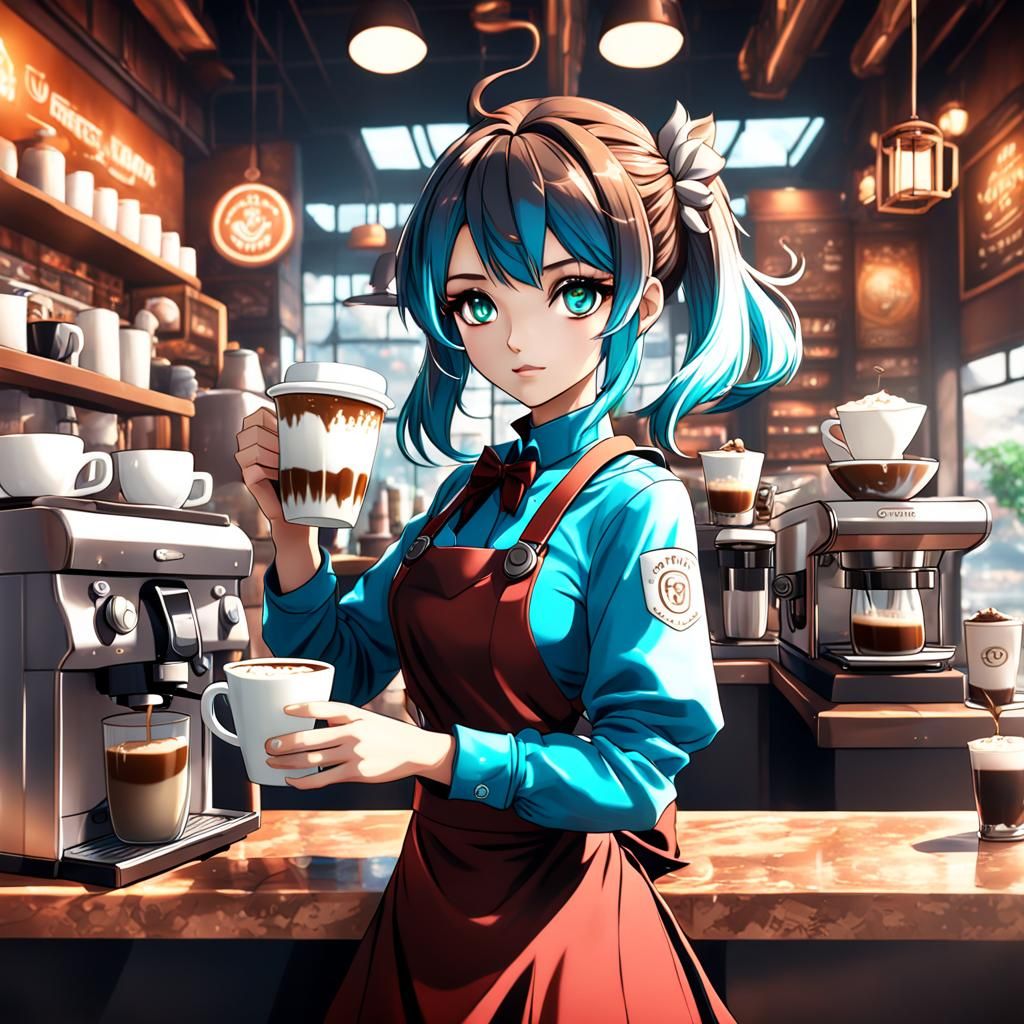 Anime Coffee Barista Girl in Detailed Matte Painting