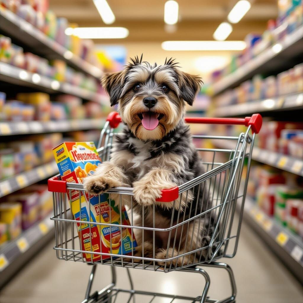 Dog in Shopping Cart at Supermarket in Golden Hour Light