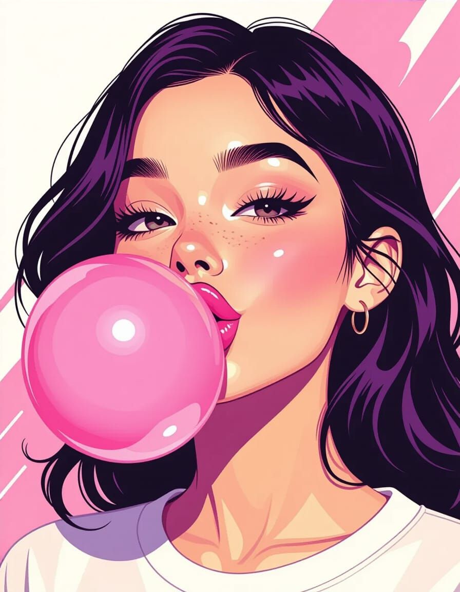 Woman Blowing Bubblegum in Vibrant Digital Art Style