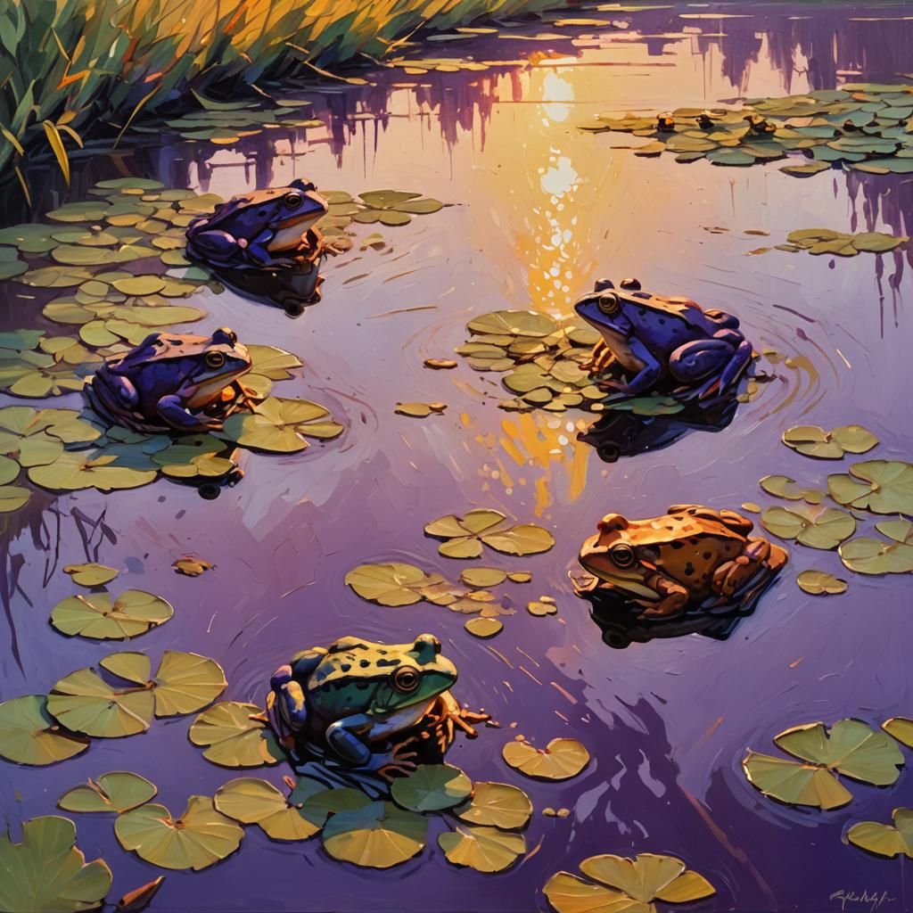 Frogs in Rich Fauna: An Expressionist Oil Painting