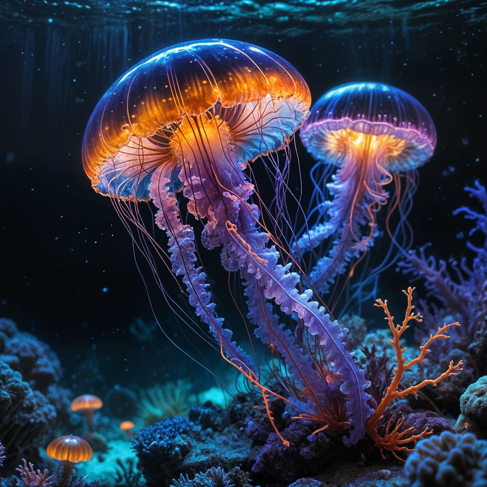 Bioluminescent Jellyfish in a Fantasy Coral Reef