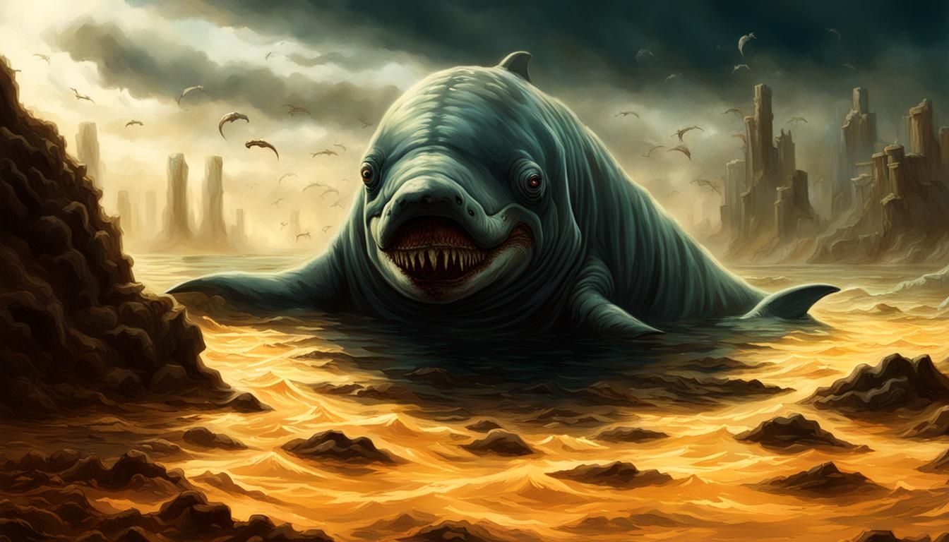 Zombie Dolphin in Deep Water Horror Illustration