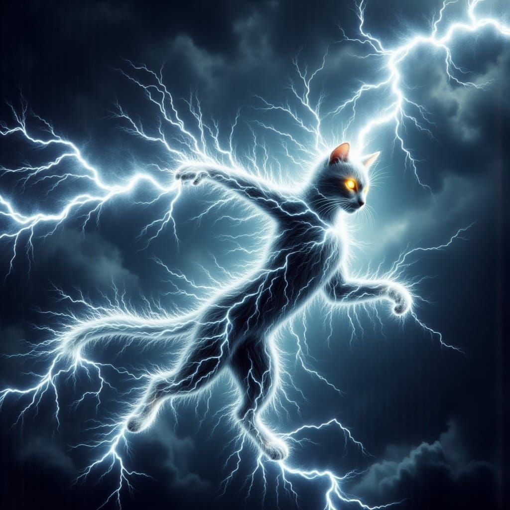 Electric Cat Person in a Stormy Cyberpunk Landscape