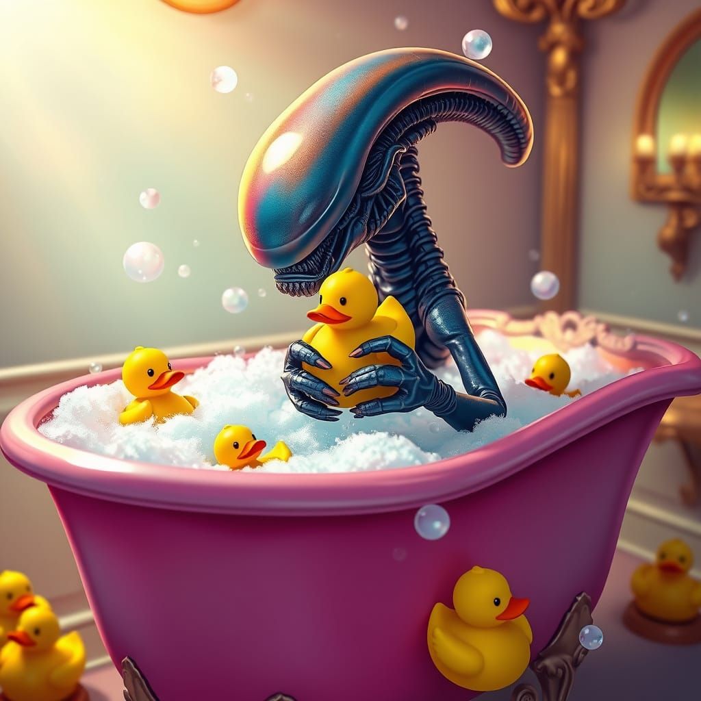 Whimsical Xenomorph in Bubble Bath, Digital Painting