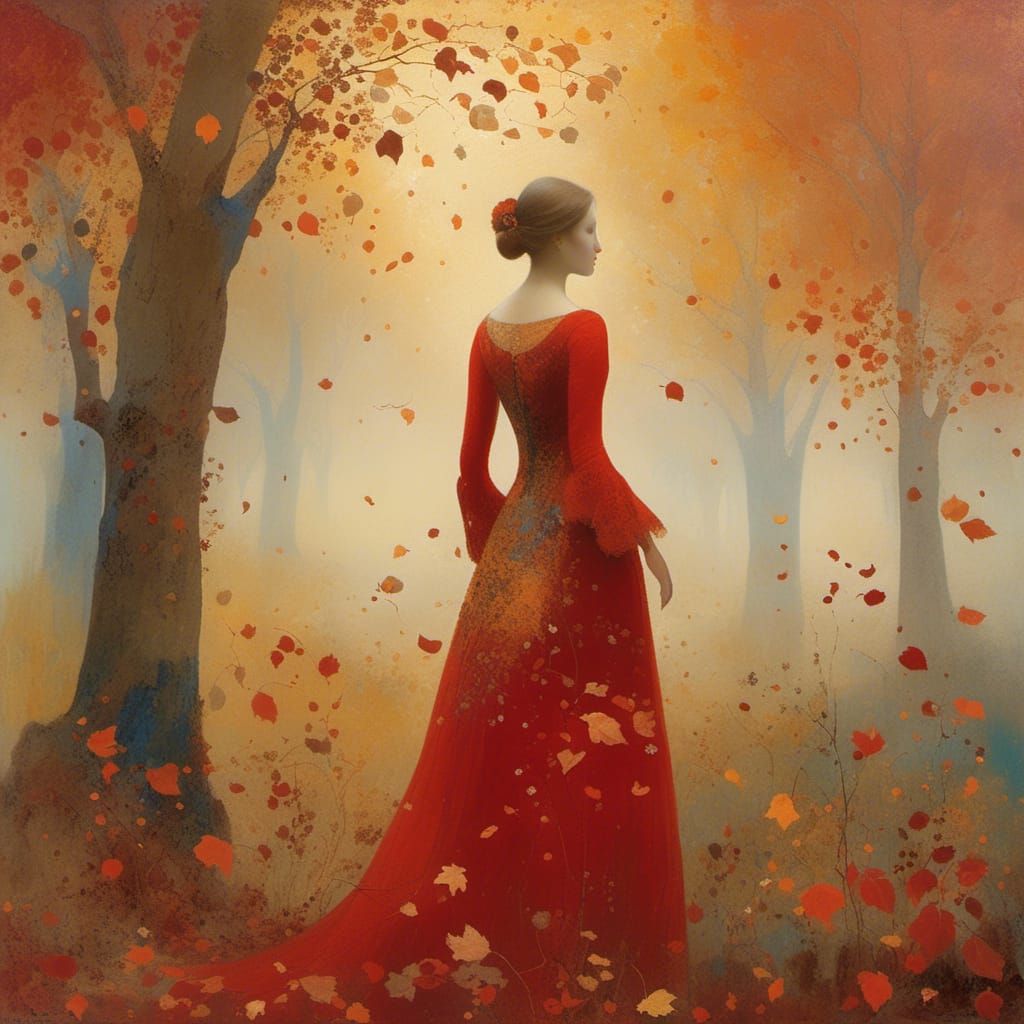 Symbolist Woman in Autumn Garden, Watercolor Style