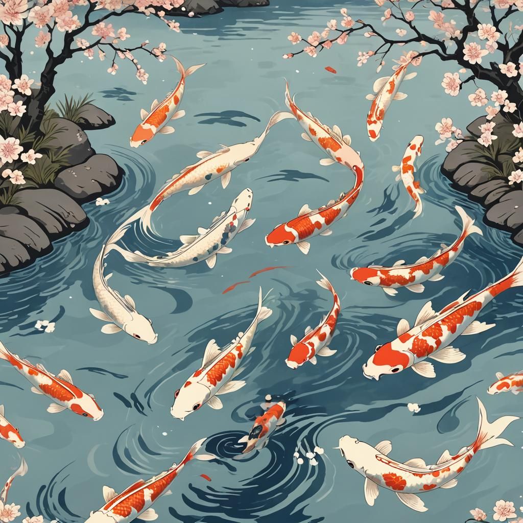 Koi Fish in Japanese Zen Garden: Ukiyo-e Style