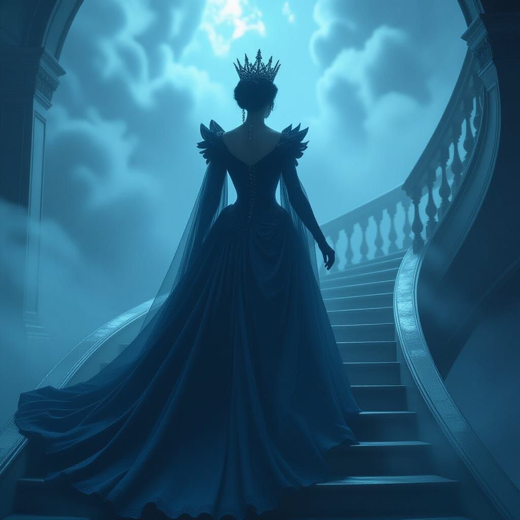 Bioluminescent Queen Descends Mystical Staircase