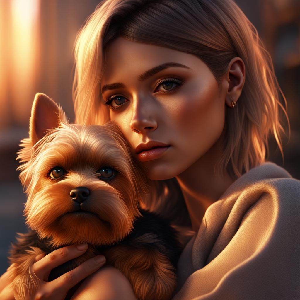 Woman Snuggling Yorkie in Hyperreal Golden Hour