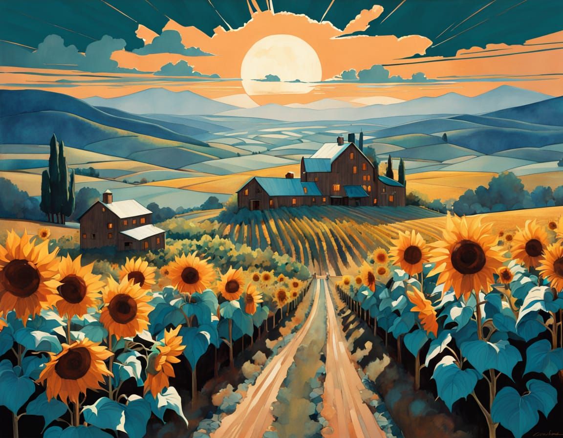 Vineyard Valley Panorama in Watercolor Art Deco Style