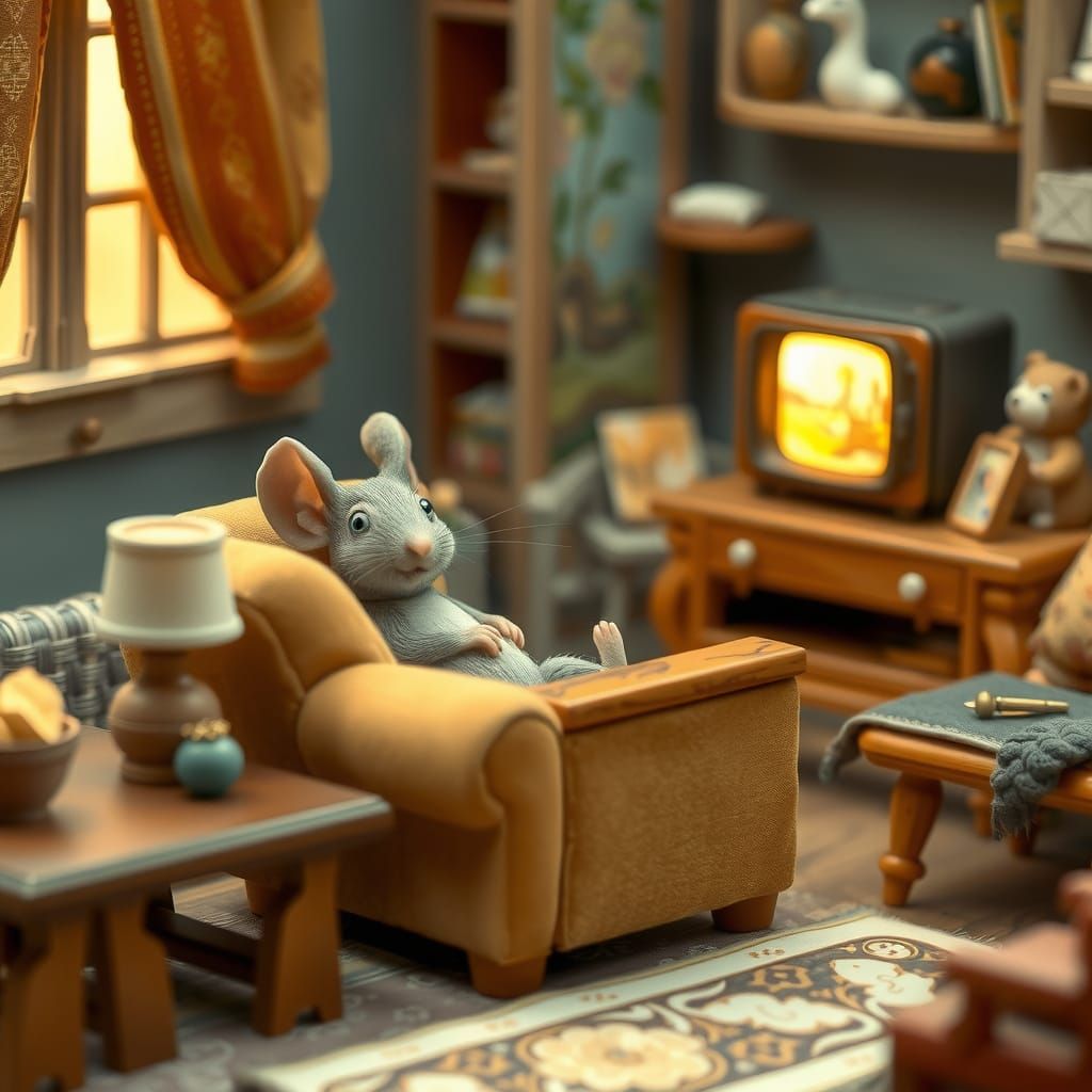 Mouse in Miniature Living Room, Folk Art Illustration