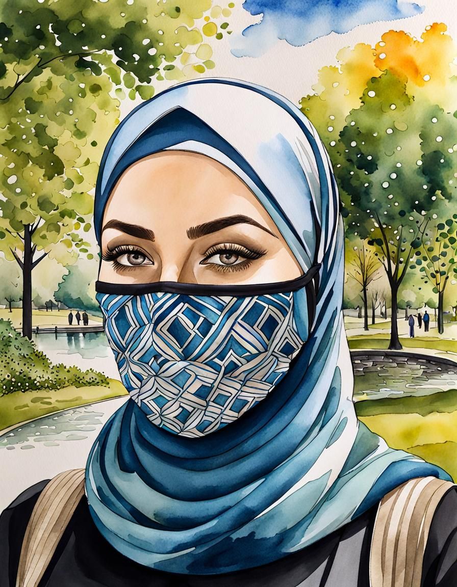 Swedish Woman in Hijab and Mask, Watercolor Portrait
