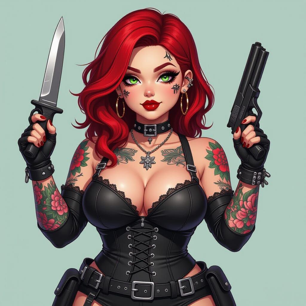 Gothic Anime Woman with Tattoos and Piercings