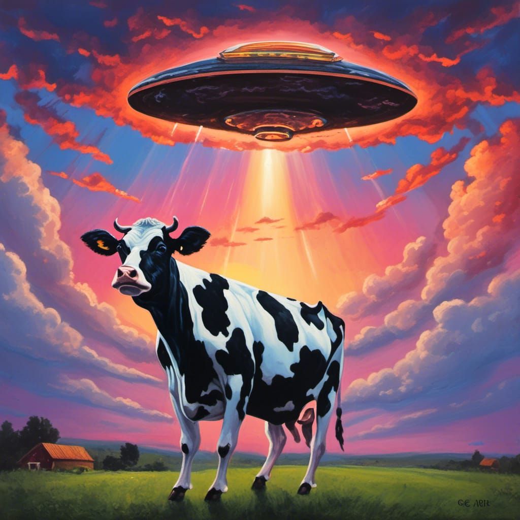 Cow Abduction by UFO in Pop Surrealism Style