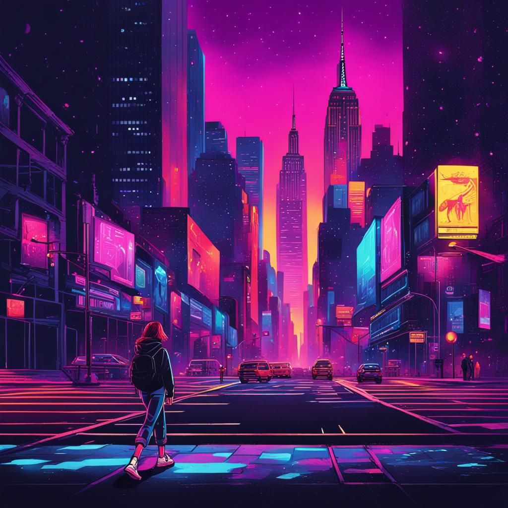 Teenage Girl in Neon Synthwave New York City