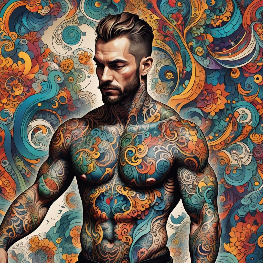 Scenic Tattoos Cover Man's Body in Abstract Style