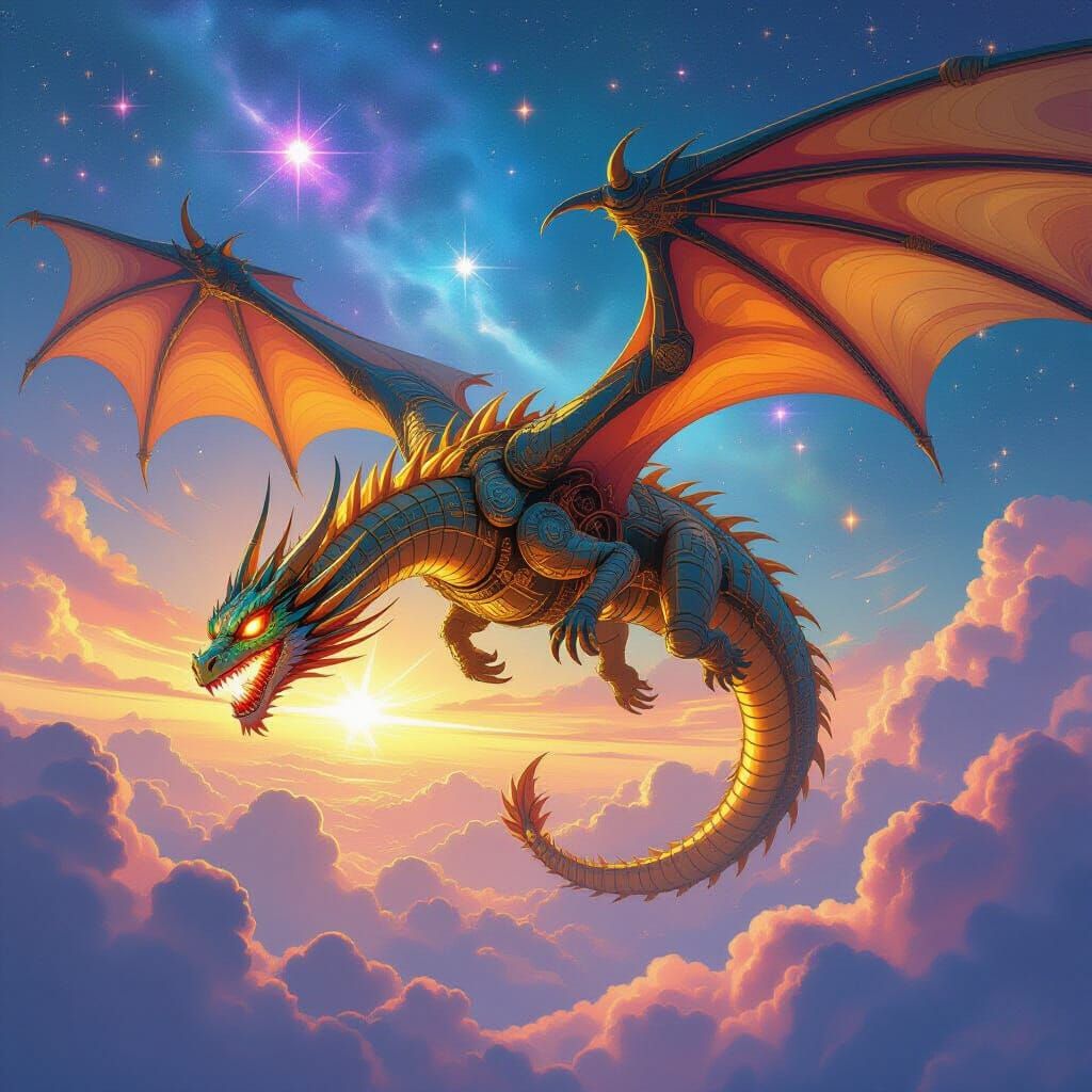 Clockwork Dragon Soaring Through Nebula