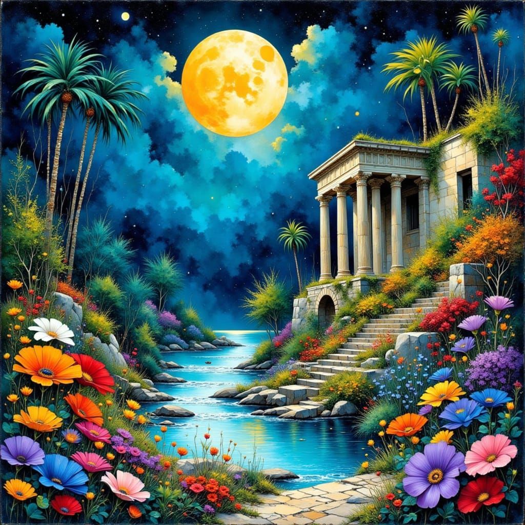 Blue River Flows Through Ancient Ruins in Whimsical Style