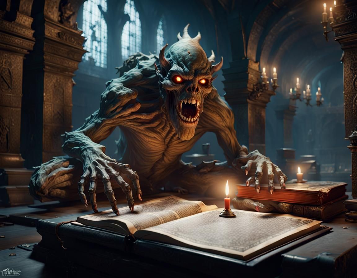 Monster Emerges from Spell Book in Catacombs