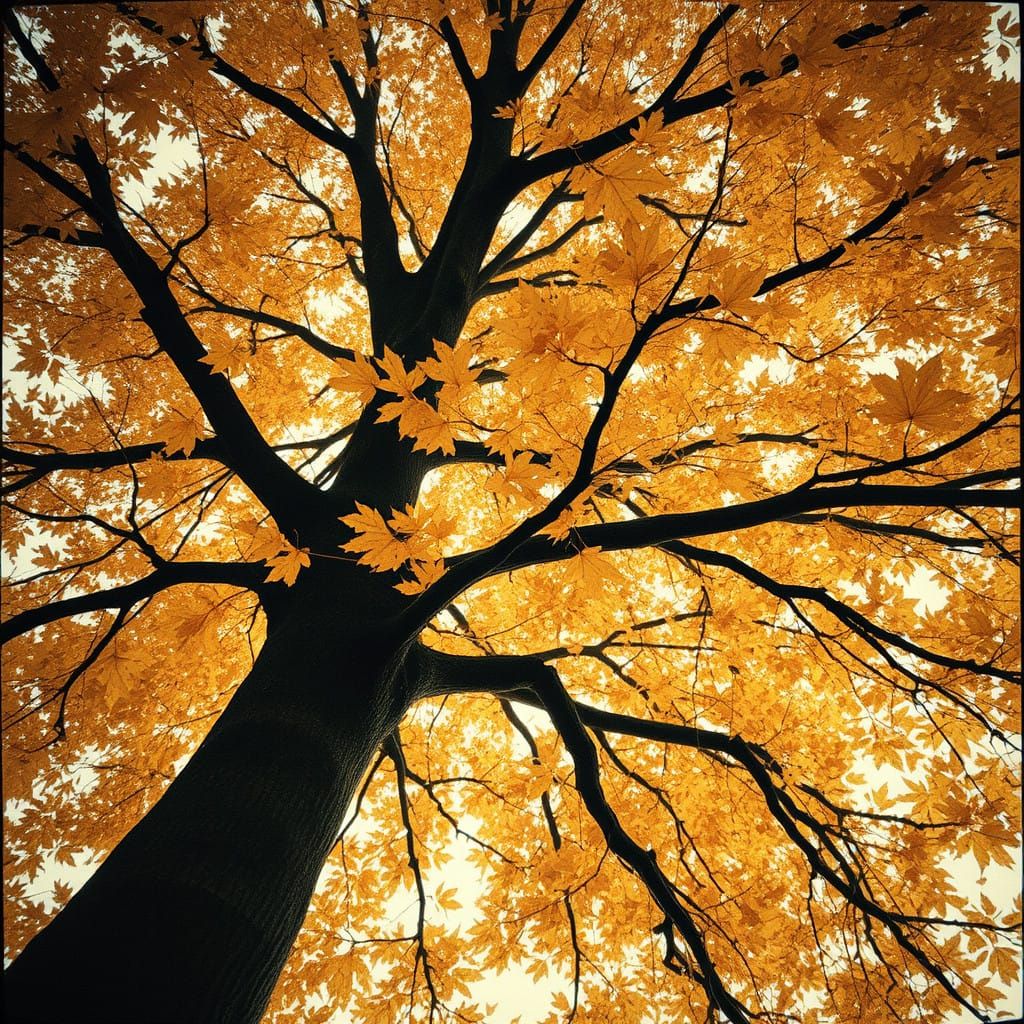 Dramatic Autumn Tree Close-Up in Dark Art Print Style